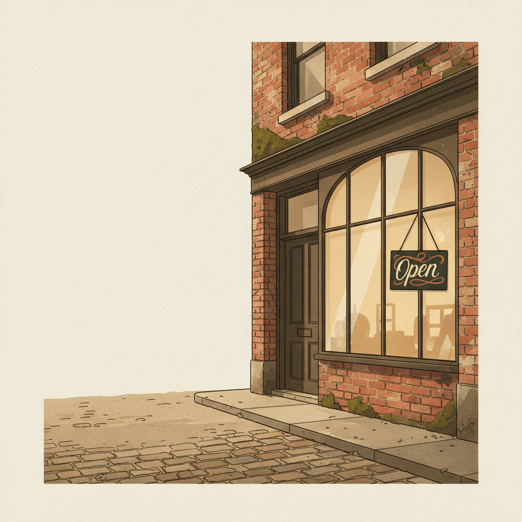 A warm-lit storefront at golden hour — the kind of business Hellodebut builds debuts for.