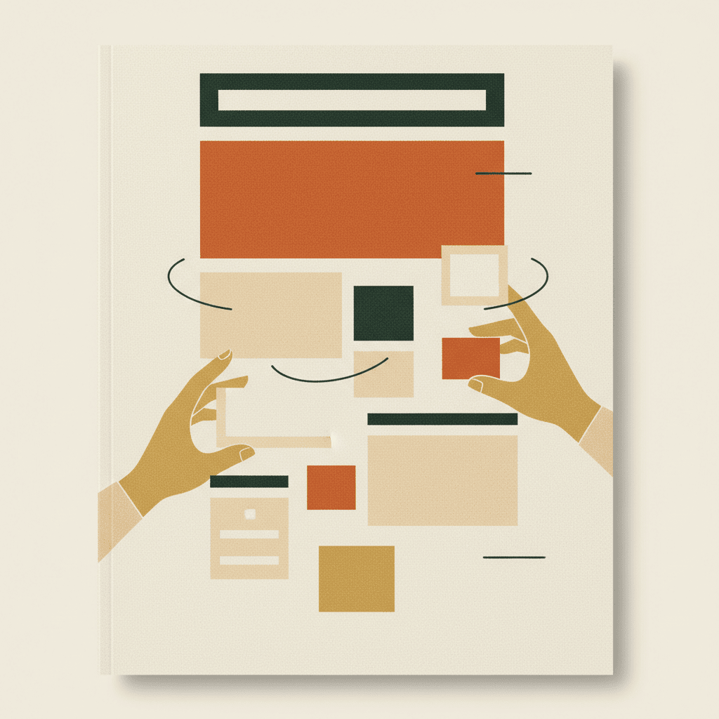 Flat-illustration depiction of a website being assembled by unseen hands — sections drifting into place against a cream background.